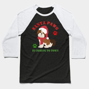 Santa Paws Is Coming To Town, Santa Clause Is Coming To Town, Christmas, Xmas, Presents, Dog Christmas, Dog Xmas, Funny Animal Christmas, Baseball T-Shirt